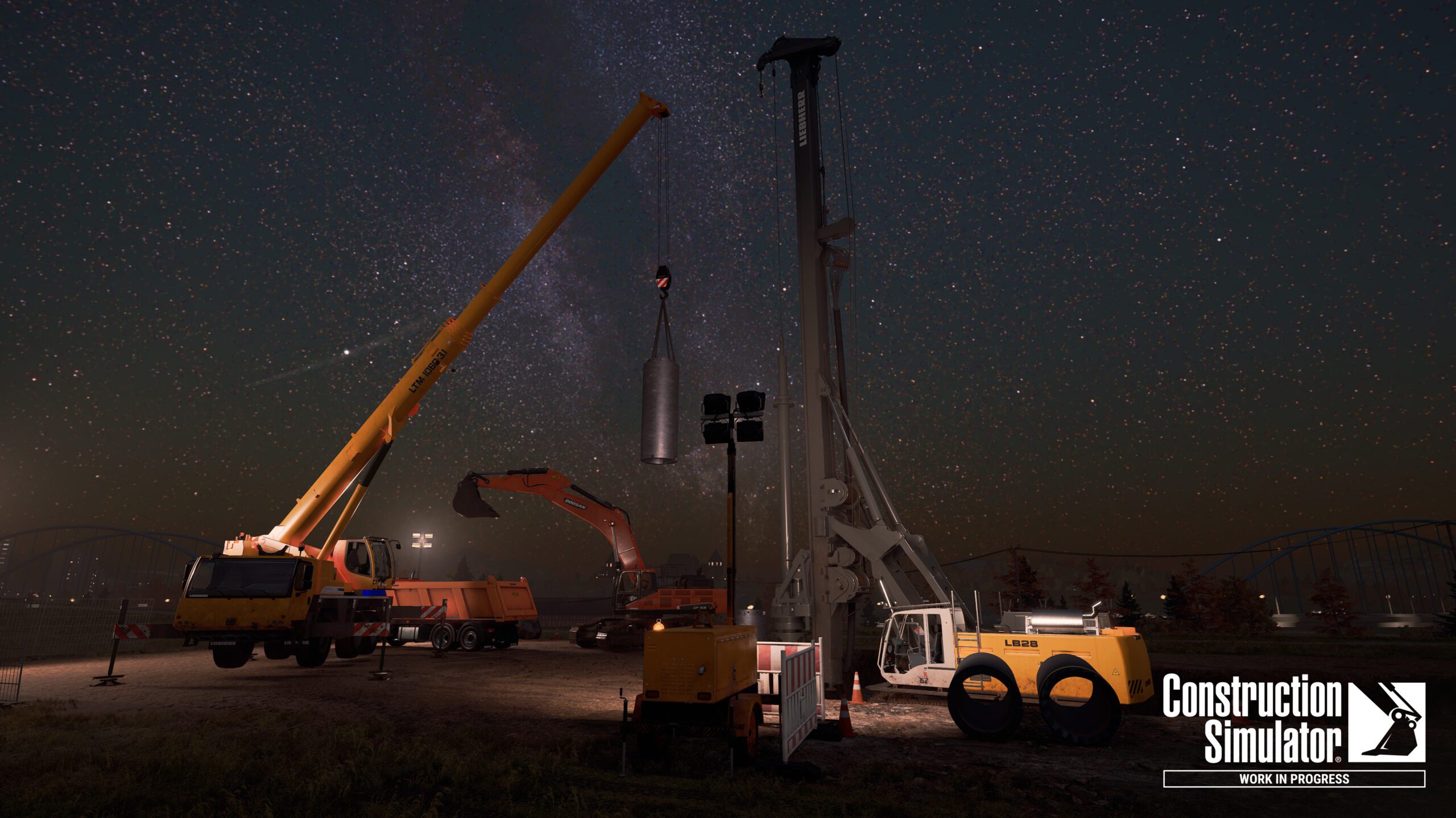 Bauarbeiten bei Nacht im Construction Simulator