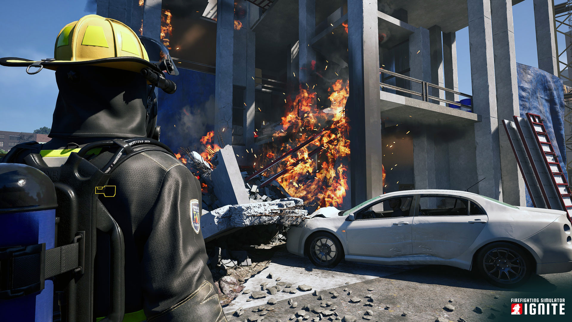 Firefighting Simulator: Ignite Construction Site Mission DLC bringt neue Einsätze auf die Baustelle 1 Firefighting Simulator: Ignite Construction Site Mission DLC Löscheinsatz am Rohbau mit kaputtem Auto